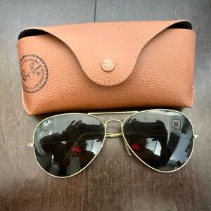 Ray-Ban Gold Frame XL Sunglasses with Black Lenses and Brown Case